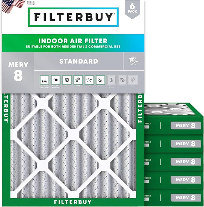 Filterbuy 30x32x2 Air Filter MERV 8 Essential Dust & Allergy Defense (6-Pack), Electrostatic Pleated HVAC AC Furnace Filters Replacement, Made in USA (Actual Size: 30.00 x 32.00 x 1.75)