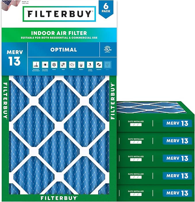 Filterbuy 10x20x2 Air Filter MERV 13 Optimal Smoke & Allergy Defense (6-Pack), Electrostatic Pleated HVAC AC Furnace Filters Replacement, Made in USA (Actual Size: 9.50 x 19.50 x 1.75)