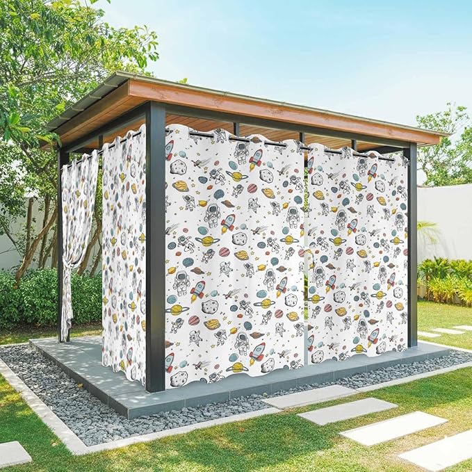 Cartoon Space Outdoor Curtains for Patio Astronauts Spacecraft Rockets Waterproof Outside Curtains with Grommet Top Weatherproof Curtain for Cabana Pergola Gazebo, 1 Panel, 54" W x 95" L