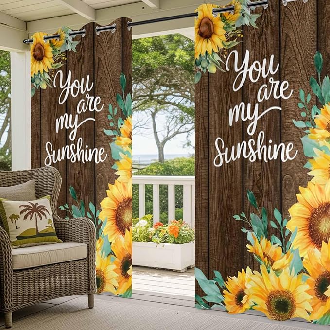 Summer Outdoor Curtains for Patio Sunflowers Eucalyptus Leaves Wood Waterproof Outside Curtains with Grommet Top Weatherproof Curtain for Cabana Pergola Gazebo, 1 Panel, 54" W x 95" L