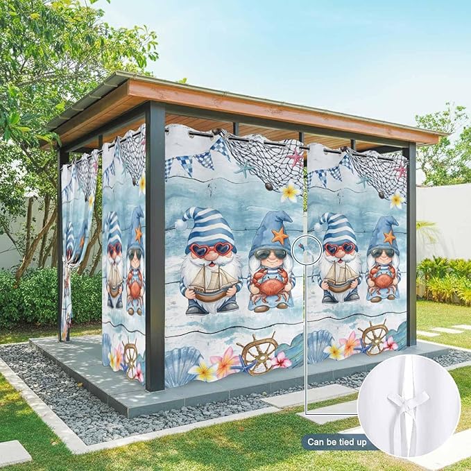 Ocean Gnome Outdoor Curtains for Patio Summer Marine Plumeria Shell Wood Blue Waterproof Outside Curtains with Grommet Top Weatherproof Curtain for Cabana Pergola Gazebo, 1 Panel, 54" W x 108" L