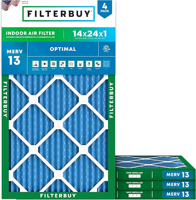 Filterbuy 14x24x1 Air Filter MERV 13 Optimal Smoke & Allergy Defense (4-Pack), Electrostatic Pleated HVAC AC Furnace Filters Replacement, Made in USA (Actual Size: 13.38 x 23.38 x 0.75)