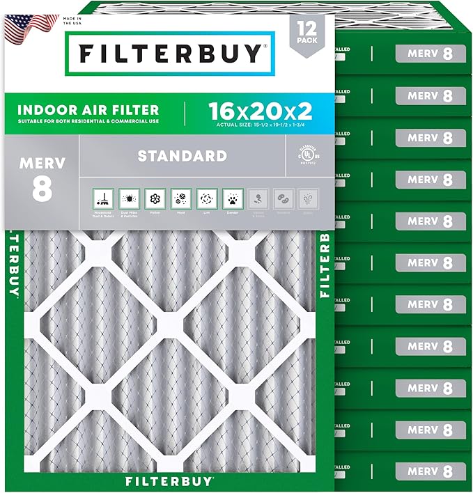 Filterbuy 16x20x2 Air Filter MERV 8 Essential Dust & Allergy Defense (12-Pack), Electrostatic Pleated HVAC AC Furnace Filters Replacement, Made in USA (Actual Size: 15.50 x 19.50 x 1.75)