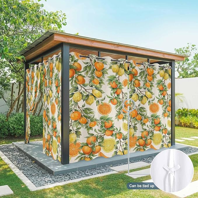 Lemons Yellow Orange Summer Plant Linen Outdoor Curtains for Patio Waterproof Outside Curtains with Grommet Top Weatherproof Curtain for Cabana Pergola Gazebo, 1 Panel, 54" W x 108" L