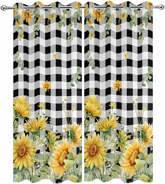 Sunflowers Outdoor Curtains for Patio Summer Floral Eucalyptus Leaf Buffalo Check Waterproof Outside Curtains with Grommet Top Weatherproof Curtain for Cabana Pergola Gazebo, 2 Pack, 54" W x 108" L