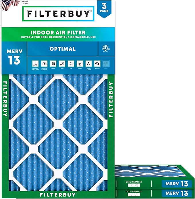 Filterbuy 14x22x1 Air Filter MERV 13 Optimal Smoke & Allergy Defense (3-Pack), Electrostatic Pleated HVAC AC Furnace Filters Replacement, Made in USA (Actual Size: 13.50 x 21.50 x 0.75)