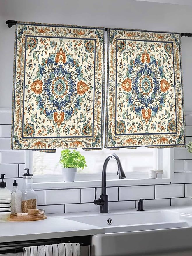 Sheer Curtains 54 Inch Length, Southwest Farmhouse Semi Sheer Curtains Light Filtering Window Treatment, Orange Blue Desert Bohemian Privacy Voile Drapes for Living Room Bedroom 52x54 Inch