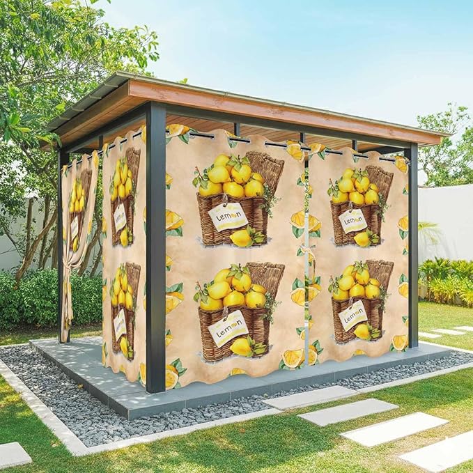 Lemon Outdoor Curtains for Patio Lemons in Baskets Summer Tropical Plant Brown Waterproof Outside Curtains with Grommet Top Weatherproof Curtain for Cabana Pergola Gazebo, 2 Pack, 54" W x 108" L