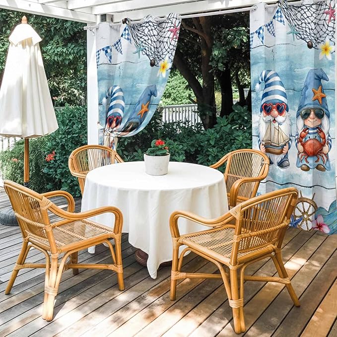 Ocean Gnome Outdoor Curtains for Patio Summer Marine Plumeria Shell Wood Blue Waterproof Outside Curtains with Grommet Top Weatherproof Curtain for Cabana Pergola Gazebo, 1 Panel, 54" W x 95" L