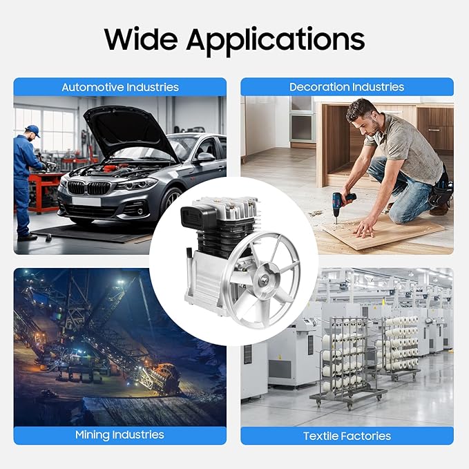 3HP Air Compressor Pump Head with Suction Valve and Cooling Fan Piston Cylinder Assembly for High Output Garage or Industrial Use