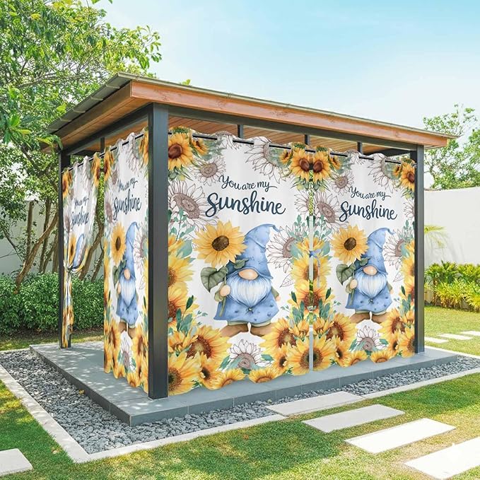 Summer Outdoor Curtains for Patio Sunflowers Gnome Eucalyptus Leaves Waterproof Outside Curtains with Grommet Top Weatherproof Curtain for Cabana Pergola Gazebo, 1 Panel, 54" W x 95" L