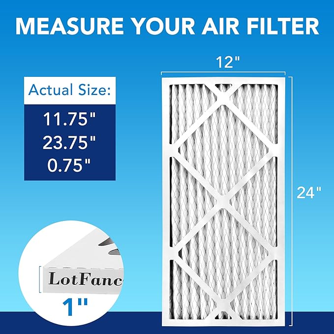LotFancy 12x24x1 Air Filter MERV 13 4-Pack, Electrostatic Pleated HVAC Furnace Air Filter, Captures Pet Dander Smog Smoke, Actual Size: 11.75"x23.75"x0.75"