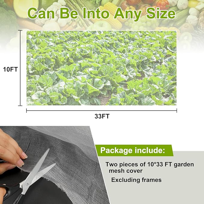 Garden Netting, 2 Pack 10x33Ft Ultra Fine Mesh Netting Pest Barrier Protection Bird Mosquito Net Plants Cover for Vegetables Fruits Flowers Crops Greenhouse Row Cover Raised Bed Patio Mesh Netting