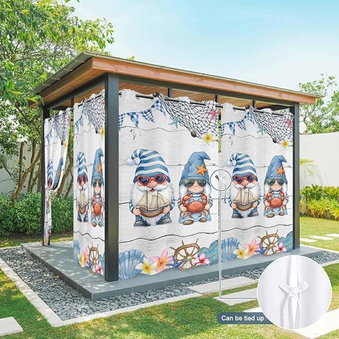 Ocean Gnome Outdoor Curtains for Patio Summer Marine Plumeria Shell Wooden Waterproof Outside Curtains with Grommet Top Weatherproof Curtain for Cabana Pergola Gazebo, 2 Pack, 54" W x 84" L