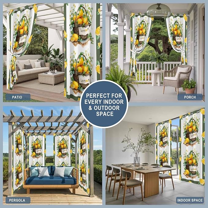 Lemon Outdoor Curtains for Patio Lemons Baskets Summer Tropical Plant Waterproof Outside Curtains with Grommet Top Weatherproof Curtain for Cabana Pergola Gazebo, 1 Panel, 54" W x 108" L
