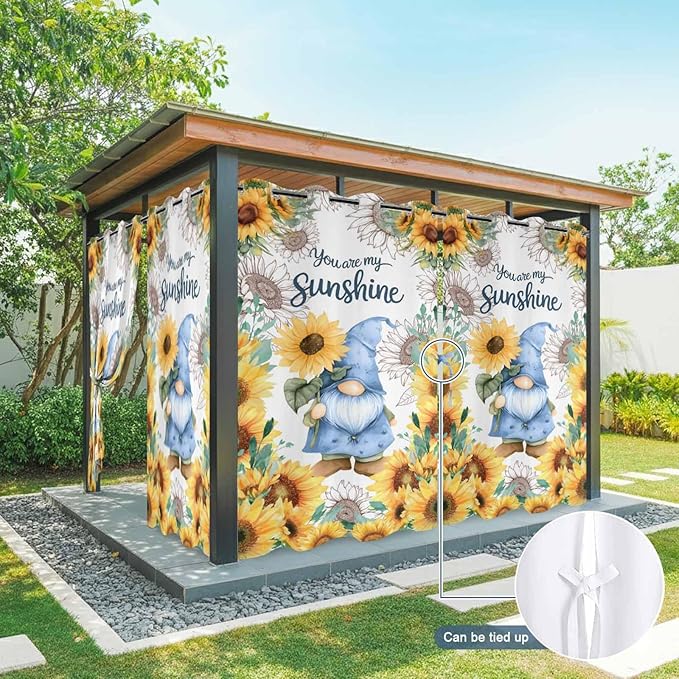 Summer Outdoor Curtains for Patio Sunflowers Gnome Eucalyptus Leaves Waterproof Outside Curtains with Grommet Top Weatherproof Curtain for Cabana Pergola Gazebo, 1 Panel, 54" W x 95" L