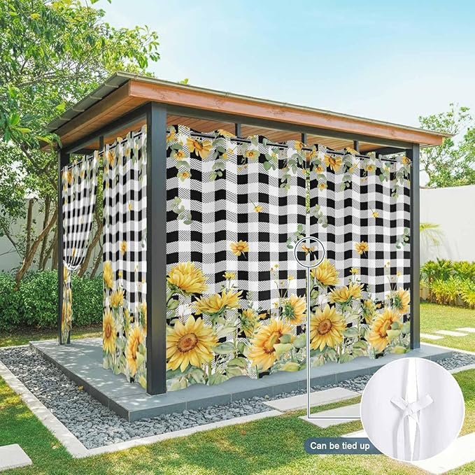 Sunflowers Outdoor Curtains for Patio Summer Floral Eucalyptus Leaf Buffalo Check Waterproof Outside Curtains with Grommet Top Weatherproof Curtain for Cabana Pergola Gazebo, 2 Pack, 54" W x 108" L