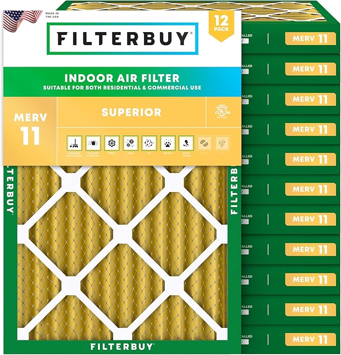 Filterbuy 20x22x2 Air Filter MERV 11 Superior Pet & Allergy Defense (12-Pack), Electrostatic Pleated HVAC AC Furnace Filters Replacement, Made in USA (Actual Size: 19.50 x 21.50 x 1.75)