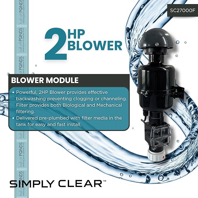 HALF OFF PONDS Simply Clear PRO Koi Pond Filter System with 2HP Blower – Filters Ponds Up to 27,000 Gallons – Bio Comb Media, 6-Way Valve, Pressure Gauge - Mechanical & Biological Filtration