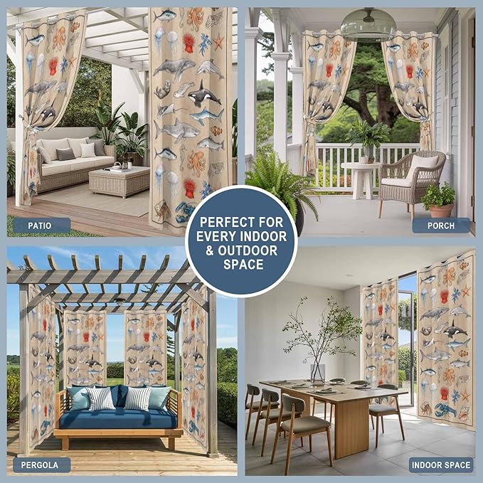 Vintage Outdoor Curtains for Patio Sharks Whales Lobsters Biographies Waterproof Outside Curtains with Grommet Top Weatherproof Curtain for Cabana Pergola Gazebo, 2 Pack, 54" W x 95" L