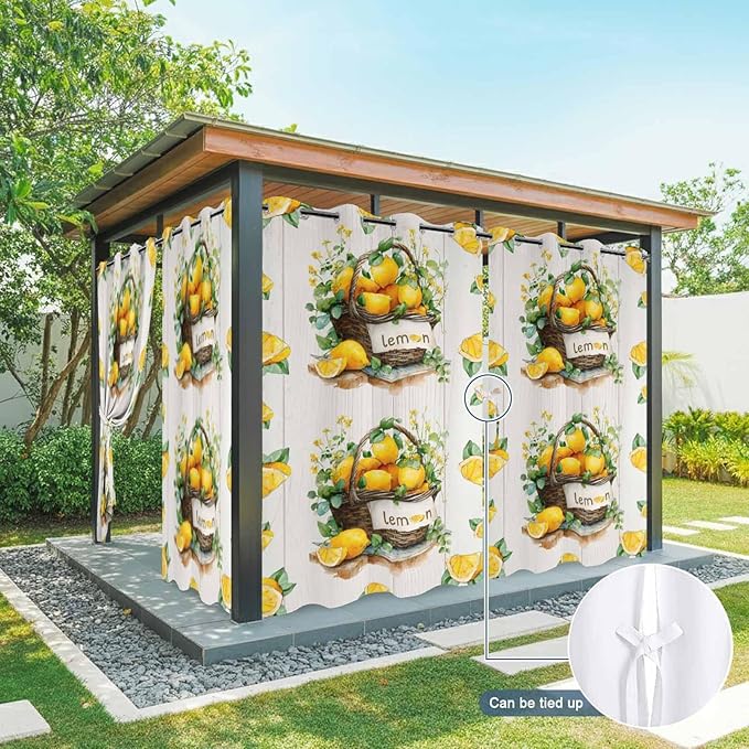 Lemon Outdoor Curtains for Patio Lemons Baskets Summer Tropical Plant Wood Waterproof Outside Curtains with Grommet Top Weatherproof Curtain for Cabana Pergola Gazebo, 1 Panel, 54" W x 108" L