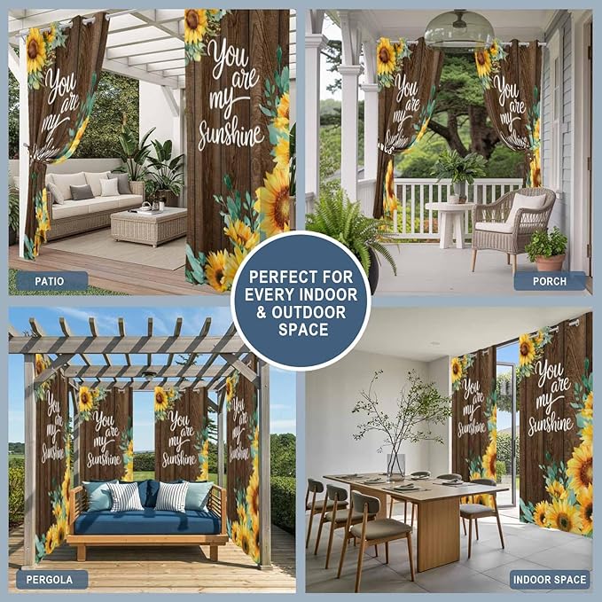 Summer Outdoor Curtains for Patio Sunflowers Eucalyptus Leaves Wood Waterproof Outside Curtains with Grommet Top Weatherproof Curtain for Cabana Pergola Gazebo, 1 Panel, 54" W x 95" L