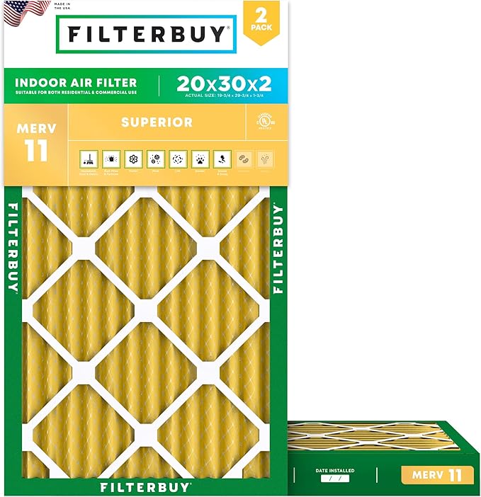 Filterbuy 20x30x2 Air Filter MERV 11 Superior Pet & Allergy Defense (2-Pack), Electrostatic Pleated HVAC AC Furnace Filters Replacement, Made in USA (Actual Size: 19.75 x 29.75 x 1.75)