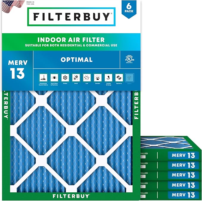 Filterbuy 12x18x1 Air Filter MERV 13 Optimal Smoke & Allergy Defense (6-Pack), Electrostatic Pleated HVAC AC Furnace Filters Replacement, Made in USA (Actual Size: 11.50 x 17.50 x 0.75)
