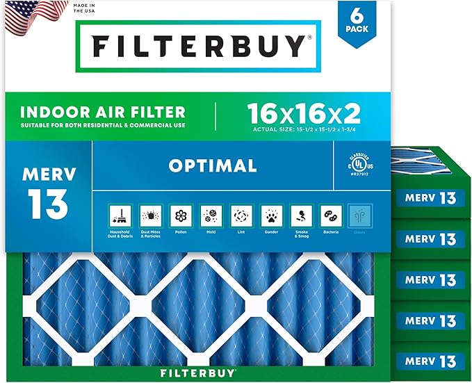 Filterbuy 16x16x2 Air Filter MERV 13 Optimal Smoke & Allergy Defense (6-Pack), Electrostatic Pleated HVAC AC Furnace Filters Replacement, Made in USA (Actual Size: 15.50 x 15.50 x 1.75)