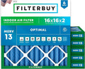 Filterbuy 16x16x2 Air Filter MERV 13 Optimal Smoke & Allergy Defense (6-Pack), Electrostatic Pleated HVAC AC Furnace Filters Replacement, Made in USA (Actual Size: 15.50 x 15.50 x 1.75)