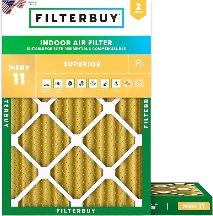 Filterbuy 14x20x2 Air Filter MERV 11 Superior Pet & Allergy Defense (2-Pack), Electrostatic Pleated HVAC AC Furnace Filters Replacement, Made in USA (Actual Size: 13.50 x 19.50 x 1.75)