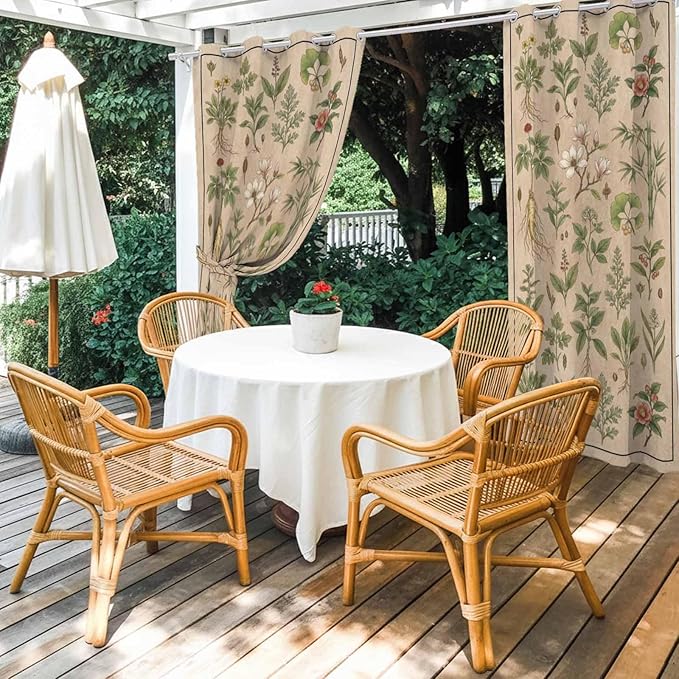 Vintage Outdoor Curtains for Patio Grass Herbal Botanical Garden Plants Waterproof Outside Curtains with Grommet Top Weatherproof Curtain for Cabana Pergola Gazebo, 2 Pack, 54" W x 84" L