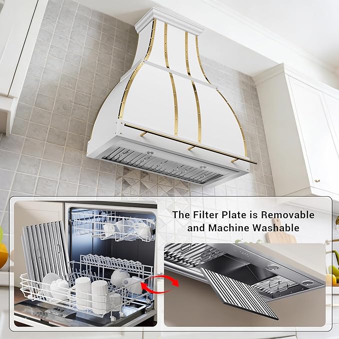 CHETTO C Stainless Steel Range Hood Cover with 4-Speed Vent Hood Insert Custom Handcrafted Metal Kitchen Fan with Towel Rack LED Light 42"W x21"D x60"H White Wall Mount