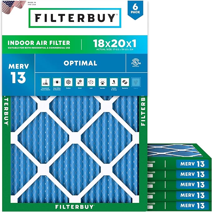 Filterbuy 18x20x1 Air Filter MERV 13 Optimal Smoke & Allergy Defense (6-Pack), Electrostatic Pleated HVAC AC Furnace Filters Replacement, Made in USA (Actual Size: 17.50 x 19.50 x 0.75)