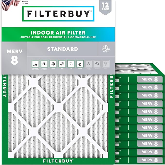 Filterbuy 17x21x1 Air Filter MERV 8 Essential Dust & Allergy Defense (12-Pack), Electrostatic Pleated HVAC AC Furnace Filters Replacement, Made in USA (Actual Size: 16.50 x 20.50 x 0.75)