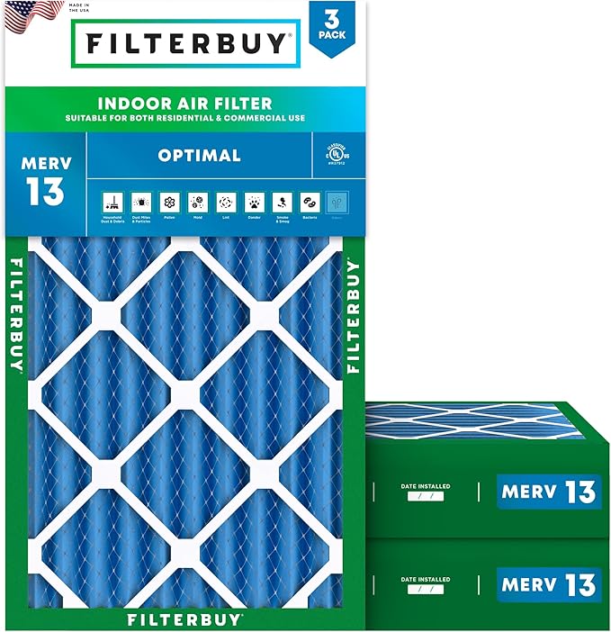 Filterbuy 14x25x4 Air Filter MERV 13 Optimal Smoke & Allergy Defense (3-Pack), Electrostatic Pleated HVAC AC Furnace Filters Replacement, Made in USA (Actual Size: 13.88 x 24.88 x 3.63)