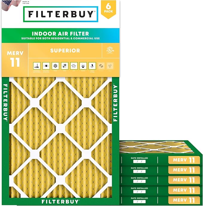 Filterbuy 13x21.5x1 Air Filter MERV 11 Superior Pet & Allergy Defense (6-Pack), Electrostatic Pleated HVAC AC Furnace Filters Replacement, Made in USA (Actual Size: 12.88 x 21.50 x 0.75)