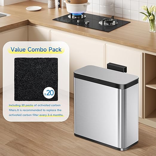 20 Packs 3.15x3.15x0.32 Inch Odor Absorbing Filter Refills for EKO Trash Cans, Activated Charcoal Deodorizer Compatible with EKO Step & Touchless Garbage Cans with Built-in Filter Compartment