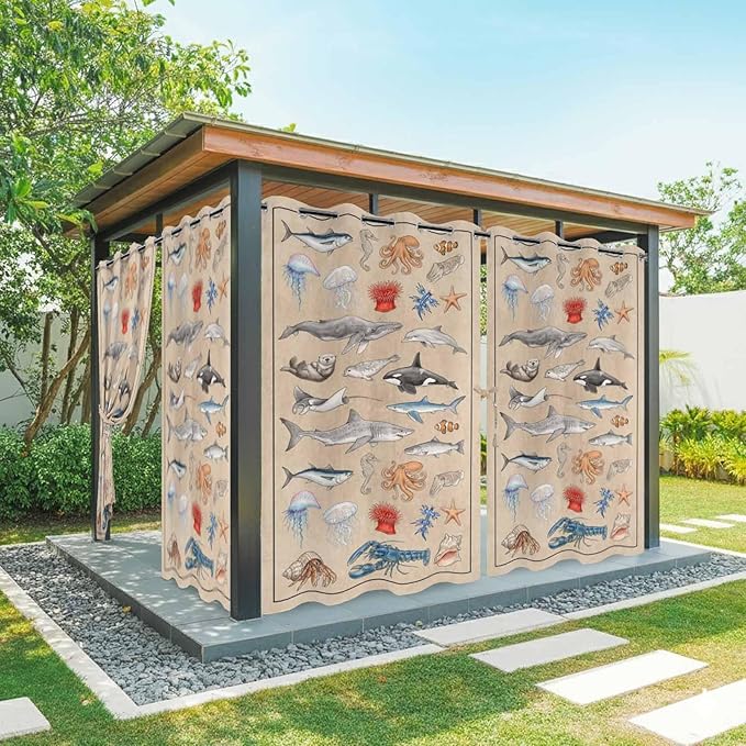 Vintage Outdoor Curtains for Patio Sharks Whales Lobsters Biographies Waterproof Outside Curtains with Grommet Top Weatherproof Curtain for Cabana Pergola Gazebo, 2 Pack, 54" W x 84" L