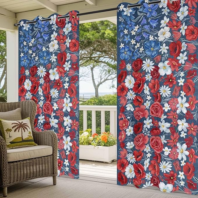 4th of July Outdoor Curtains for Patio Patriotic Flowers Farmhouse Red Waterproof Outside Curtains with Grommet Top Weatherproof Curtain for Cabana Pergola Gazebo, 2 Pack, 54" W x 108" L