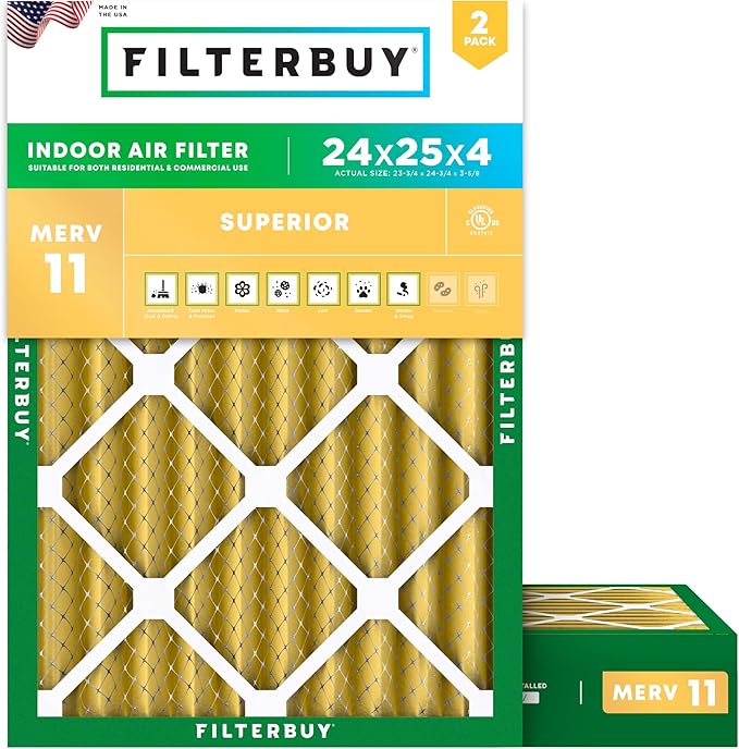 Filterbuy 24x25x4 Air Filter MERV 11 Superior Pet & Allergy Defense (2-Pack), Electrostatic Pleated HVAC AC Furnace Filters Replacement, Made in USA (Actual Size: 23.75 x 24.75 x 3.63)