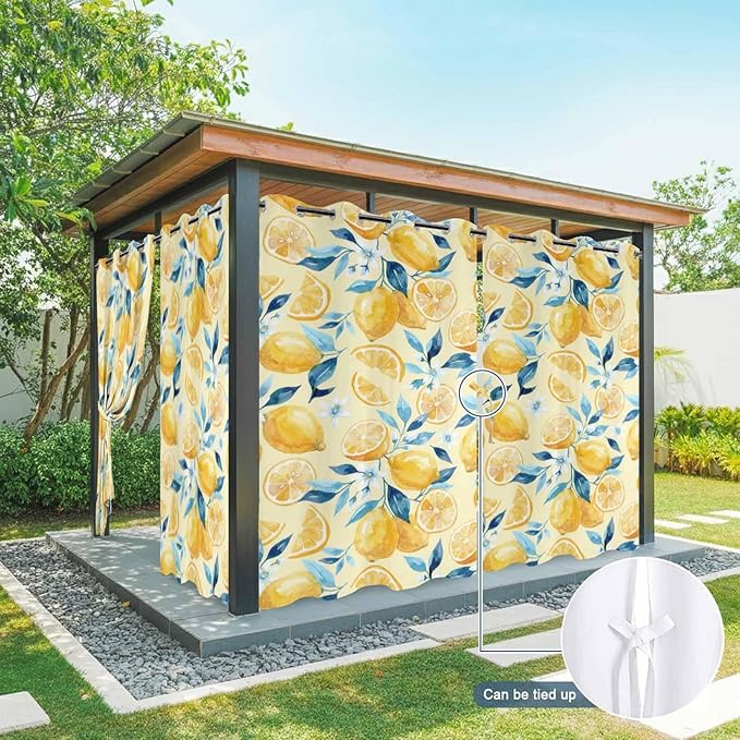 Lemon Outdoor Curtains for Patio Lemon Leaves Summer Plants Begin Waterproof Outside Curtains with Grommet Top Weatherproof Curtain for Cabana Pergola Gazebo, 2 Pack, 54" W x 108" L