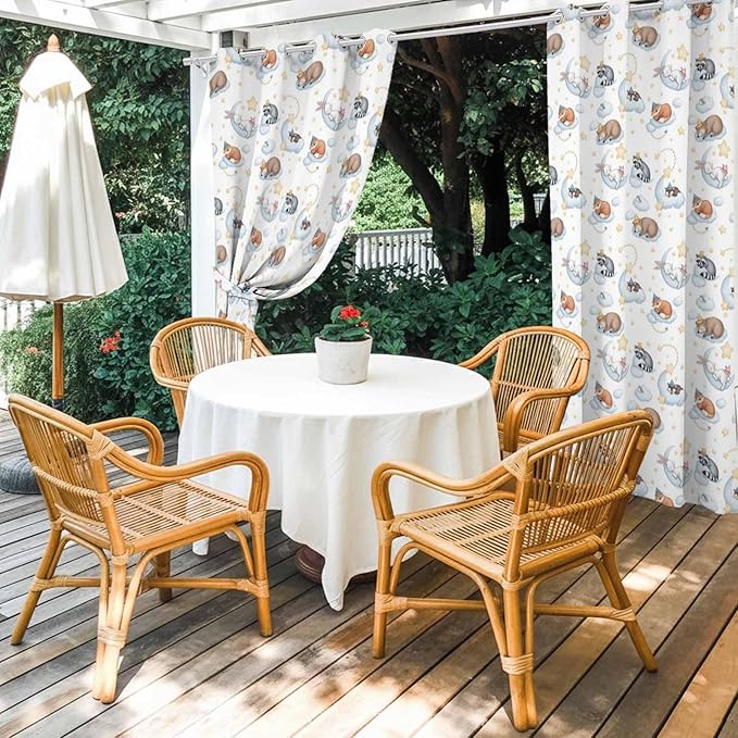 Cartoon Animals Outdoor Curtains for Patio Raccoons Rabbits Moon Waterproof Outside Curtains with Grommet Top Weatherproof Curtain for Cabana Pergola Gazebo, 1 Panel, 54" W x 95" L