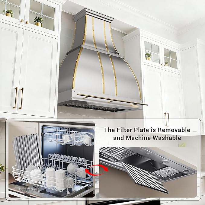 CHETTO C Stainless Steel Range Hood Cover with Quiet Vent Hood Insert Custom Handcrafted Metal Kitchen Fan with Towel Rack LED Light 42"W x24"D x36"H Brushed Stainless Steel Wall Mount