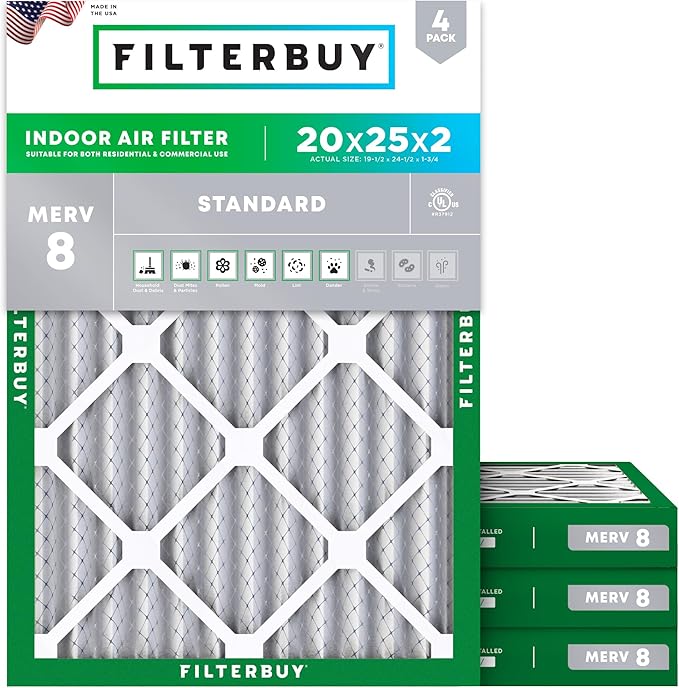 Filterbuy 20x25x2 Air Filter MERV 8 Essential Dust & Allergy Defense (4-Pack), Electrostatic Pleated HVAC AC Furnace Filters Replacement, Made in USA (Actual Size: 19.50 x 24.50 x 1.75)