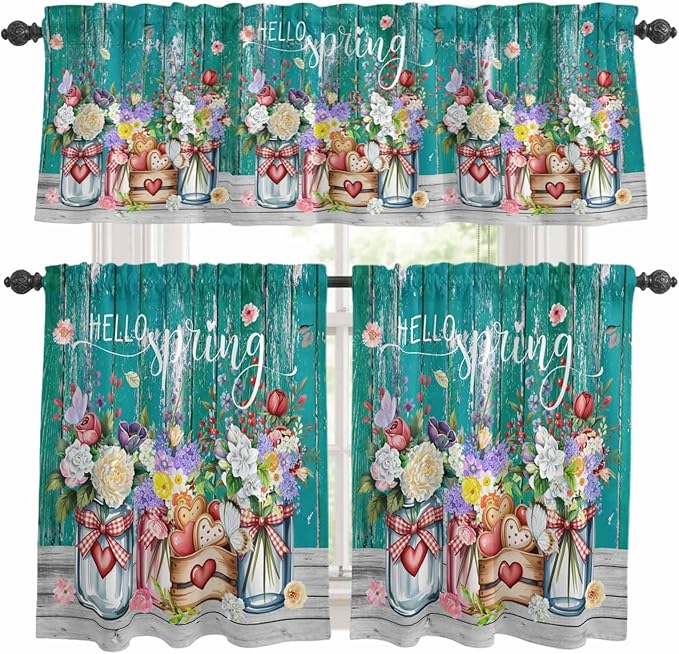 Kitchen Curtains Tiers and Valance Set of 3, Spring Flowers Light Filtering Window Curtain Set, Farmhouse Watercolor Teal Wood Grain Rod Pocket Curtain Drapes for Cafe, Living Room, 24 Inches Tiers