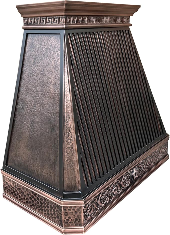CT Copper Tailor Copper Vent Hood Island Mount,54'' W,36''H,1260 CFM Exhaust Fan,Stainless Steel Vent,LED Light,Dishwasher-Safe Baffle Filters,Light Hammered-Medium Patina,VH14TA2L