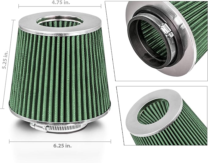 Mortar Aftermarket Auto Air Filter Replacement - Car Enthusiast Class Universal Cold Air Intake Gulps in More Air for More Engine Power & Passionate Induction Sound, 2.75 In, Green