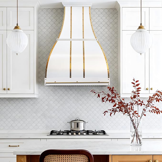 CHETTO C Stainless Steel Range Hood Cover with 4-Speed Vent Hood Insert Custom Handcrafted Metal Kitchen Fan with Towel Rack LED Light 42"W x21"D x60"H White Wall Mount