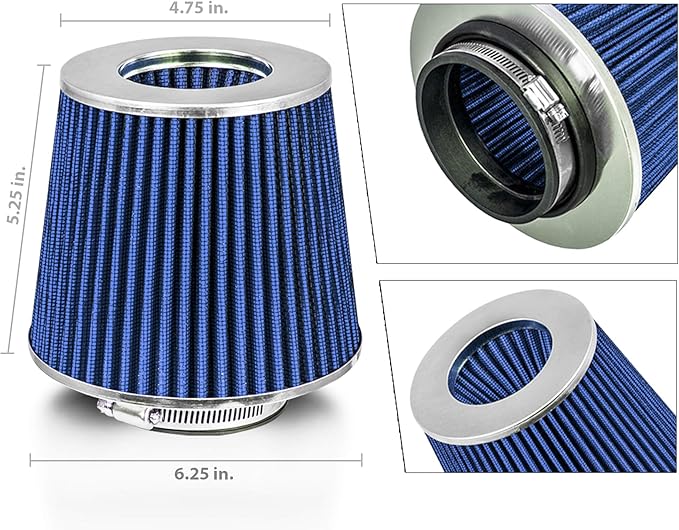 Mortar Aftermarket Auto Air Filter Replacement - Car Enthusiast Class Universal Cold Air Intake Gulps in More Air for More Engine Power & Passionate Induction Sound, 2.5 In, Blue